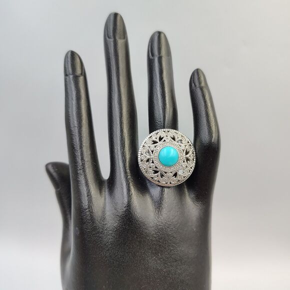Elizabeth Adams Sterling Silver 925 Turquoise Diamond Accents Ornate Ring Sz 8 - Picture 7 of 15